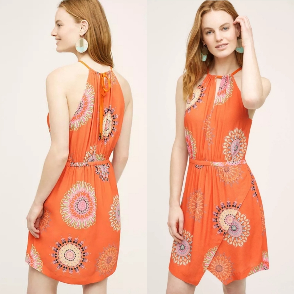 ANTHROPOLOGIE Floreat Livia Orange Halter Dress